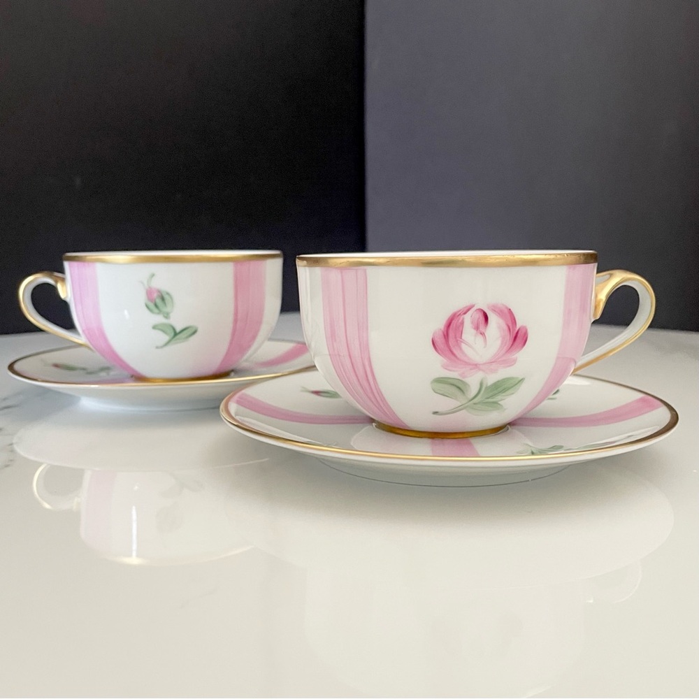SET of 2 Pink Rose Cups & Saucers - Marie Daage Limoges